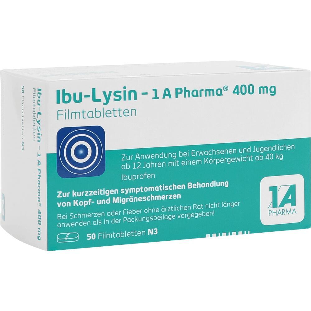 Eine Packung "Ibu-Lysin 1A Pharma" Tabletten gegen Kopfschmerzen.