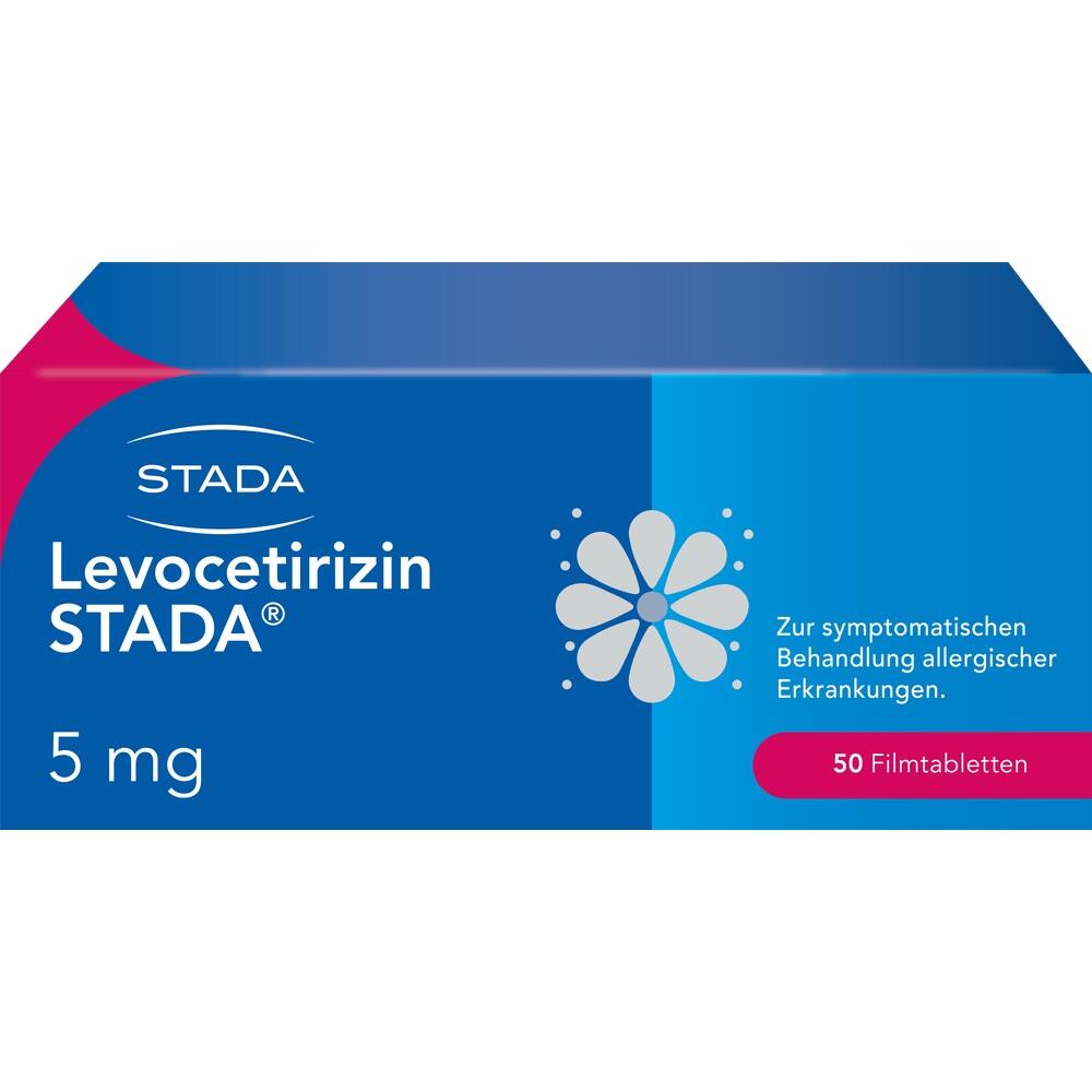 Blaue Verpackung von Levocetirizin STADA 5 mg mit 50 Tabletten gegen Allergien.