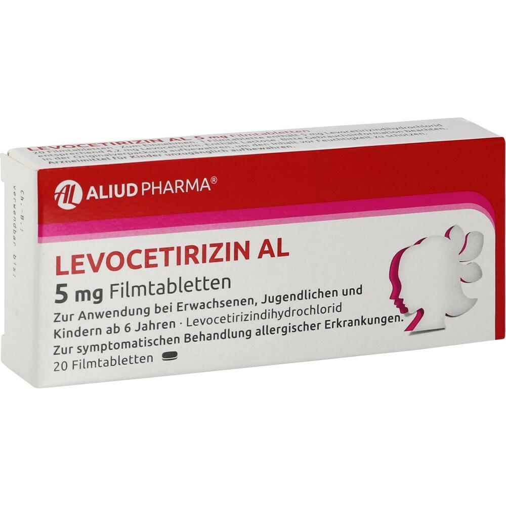 Rote und wei&szlig;e Medikamentenschachtel mit der Aufschrift "Levocetirizin AL 5 mg Filmtabletten".