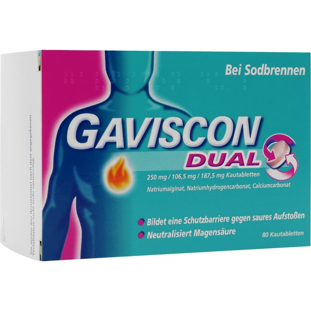 Verpackung von Gaviscon Dual Kautabletten gegen Sodbrennen.