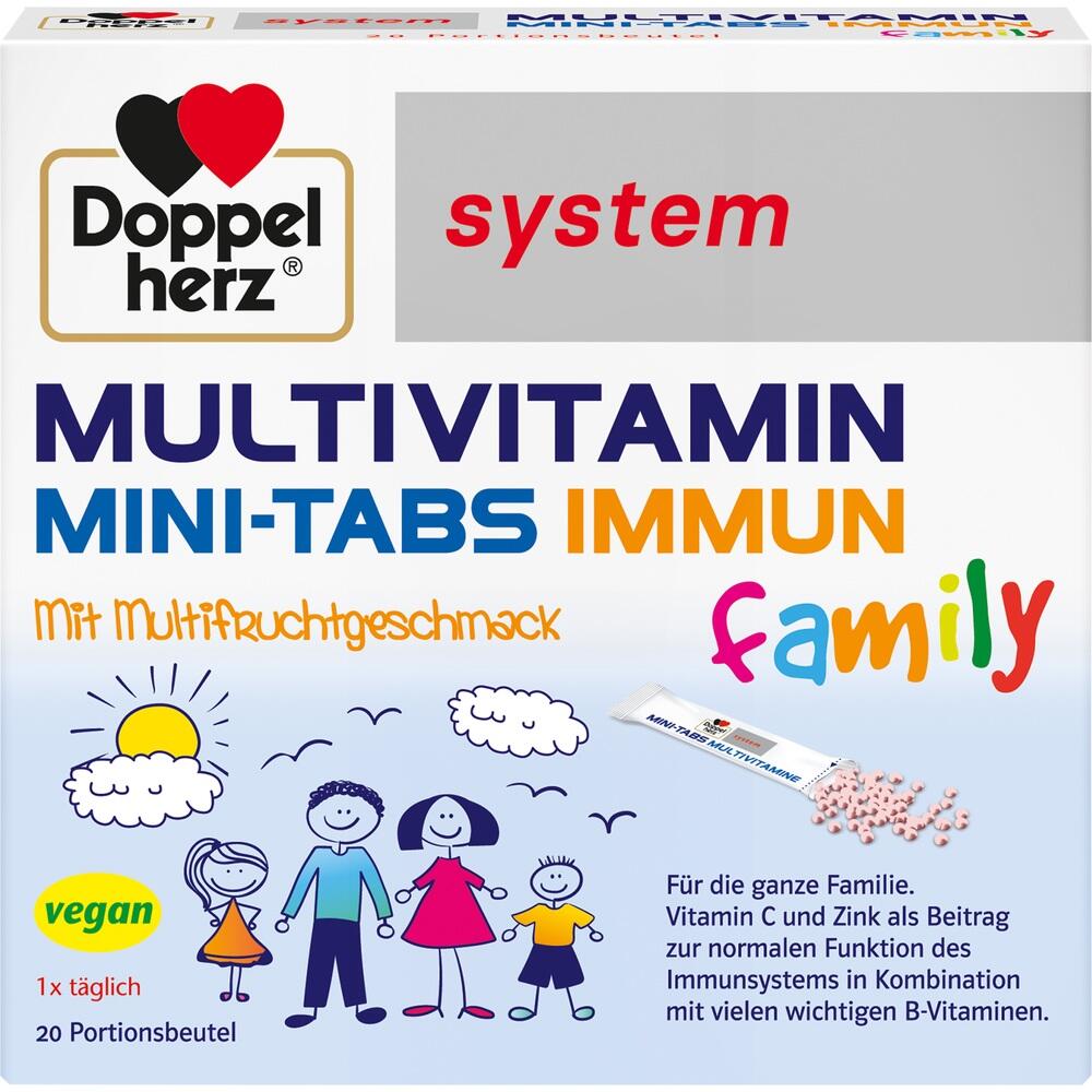 Verpackung von Multivitamin Mini-Tabs mit L&auml;chelnden Familienzeichnungen.