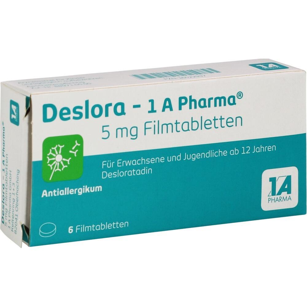 Packung mit Desloratadin-Tabletten gegen Allergien f&uuml;r Erwachsene und Jugendliche.