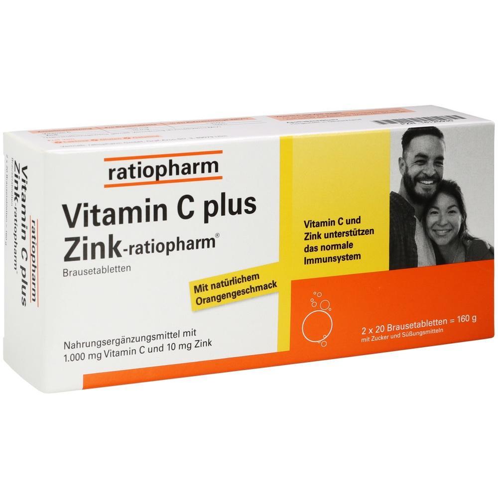 Packung mit Vitamin C- und Zink-Brausetabletten mit Orangengeschmack von ratiopharm.
