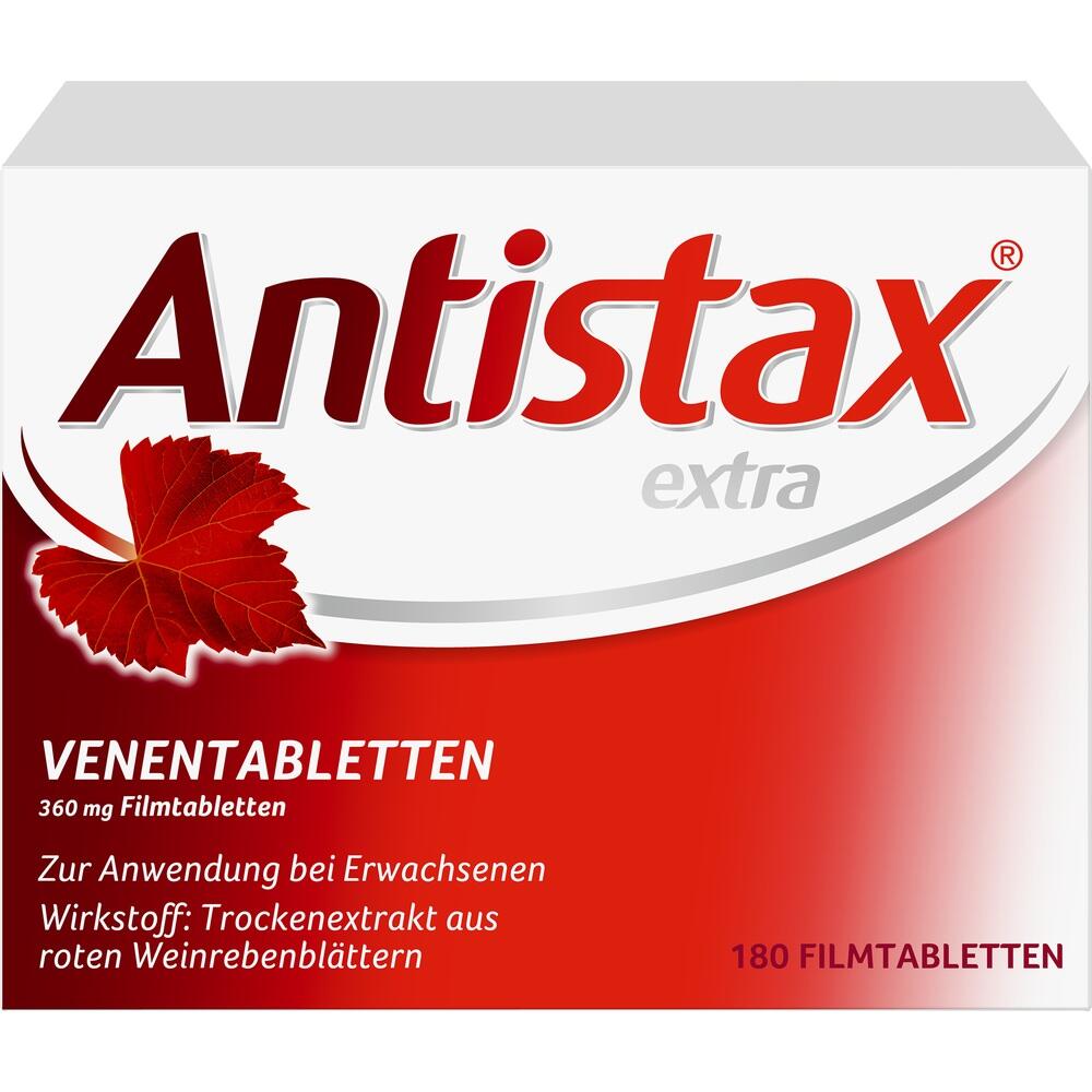 Die Verpackung von Antistax extra zeigt rote Weinbl&auml;tter und Infos zu Venentabletten.