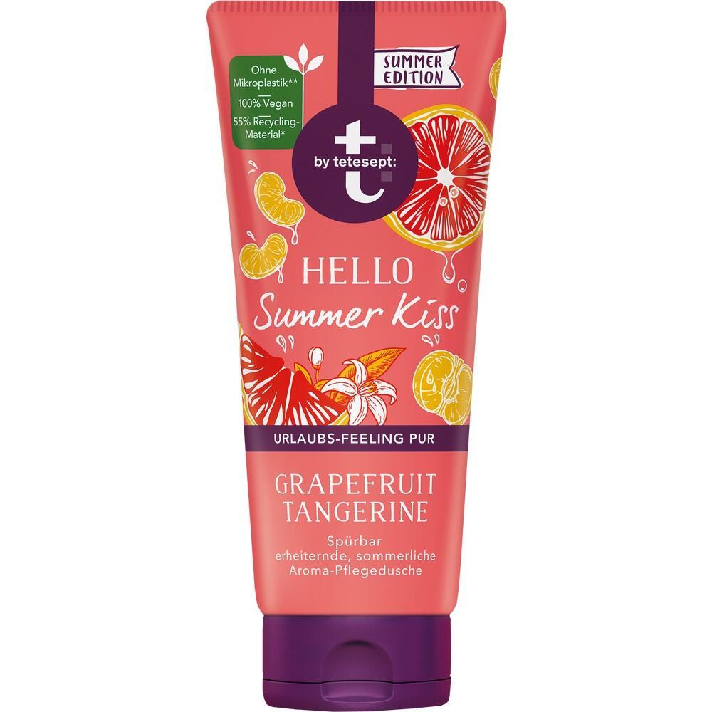 Rosa Duschgel-Tube mit Grapefruit- und Mandarinen-Duft.