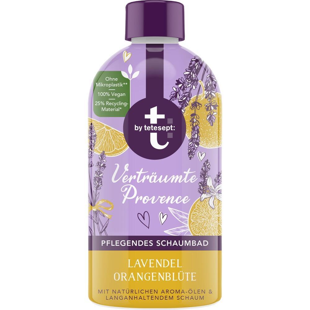 Lila Flasche mit Lavendel- und Orangenmotiv, enth&auml;lt pflegendes Schaumbad.