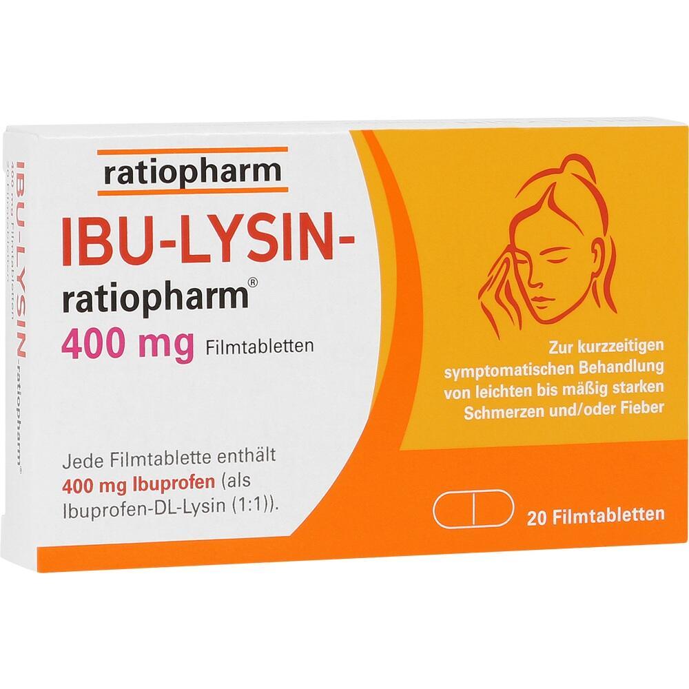 Die Packung zeigt IBU-LYSIN Tabletten zur Linderung von Schmerzen oder Fieber.