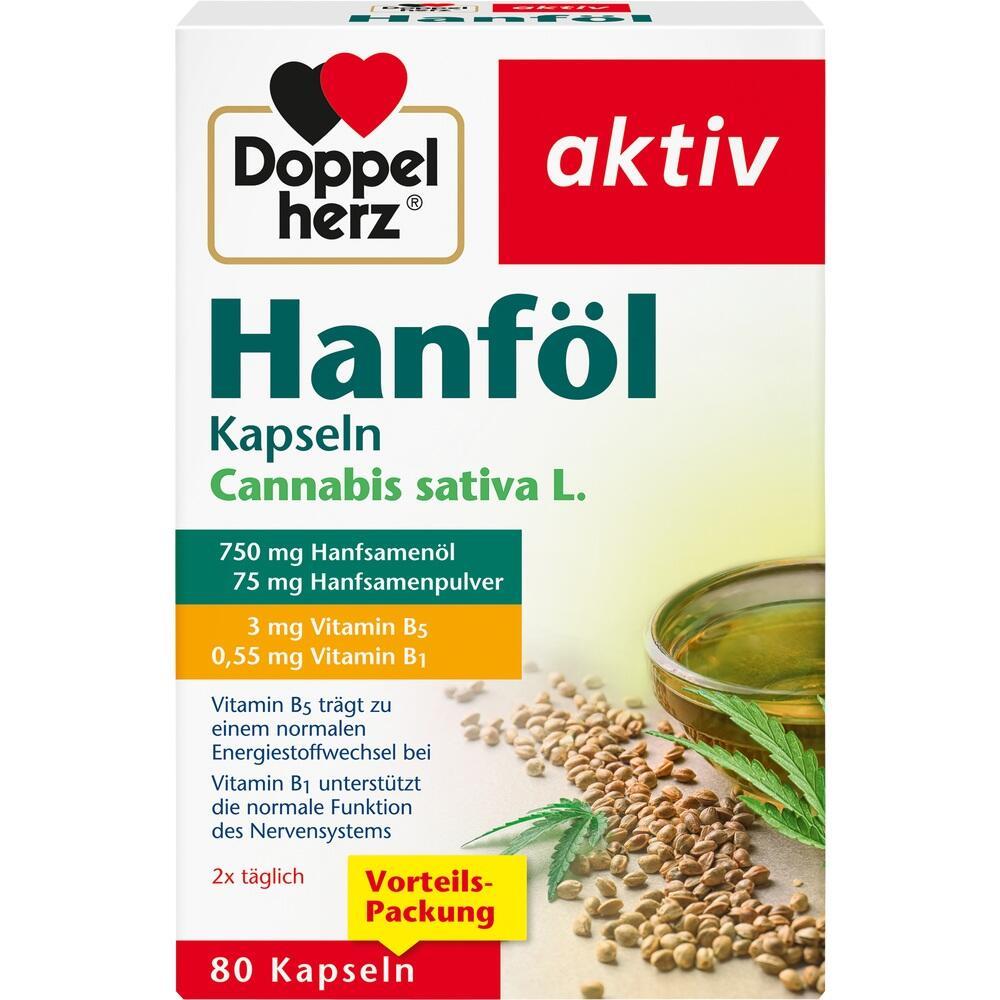 Verpackung von Hanf&ouml;l-Kapseln mit Hanfsamen und &Ouml;l auf dem Bild.