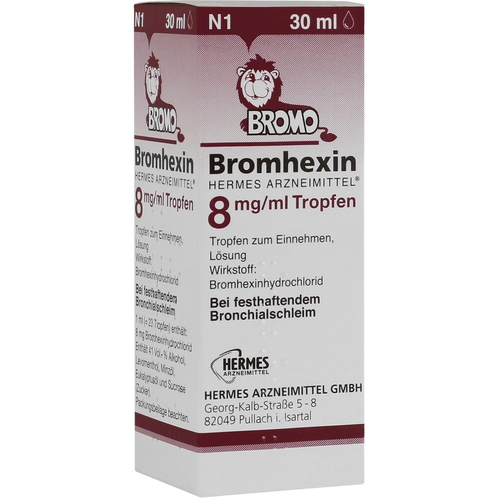 Eine Packung Bromhexin Tropfen gegen hartnäckigen Bronchialschleim.