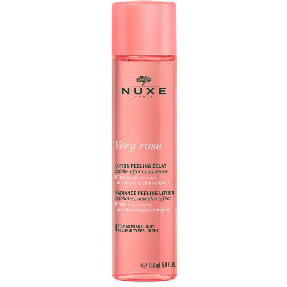 Eine rosa Flasche NUXE Gesichtslotion mit Peeling-Effekt.