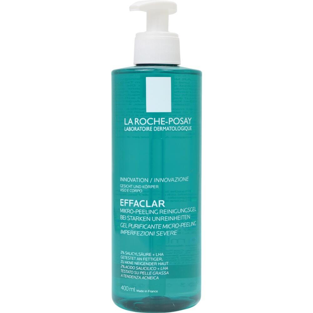 Eine gr&uuml;ne Flasche mit einem Reinigungs- und Peelinggel von La Roche-Posay.