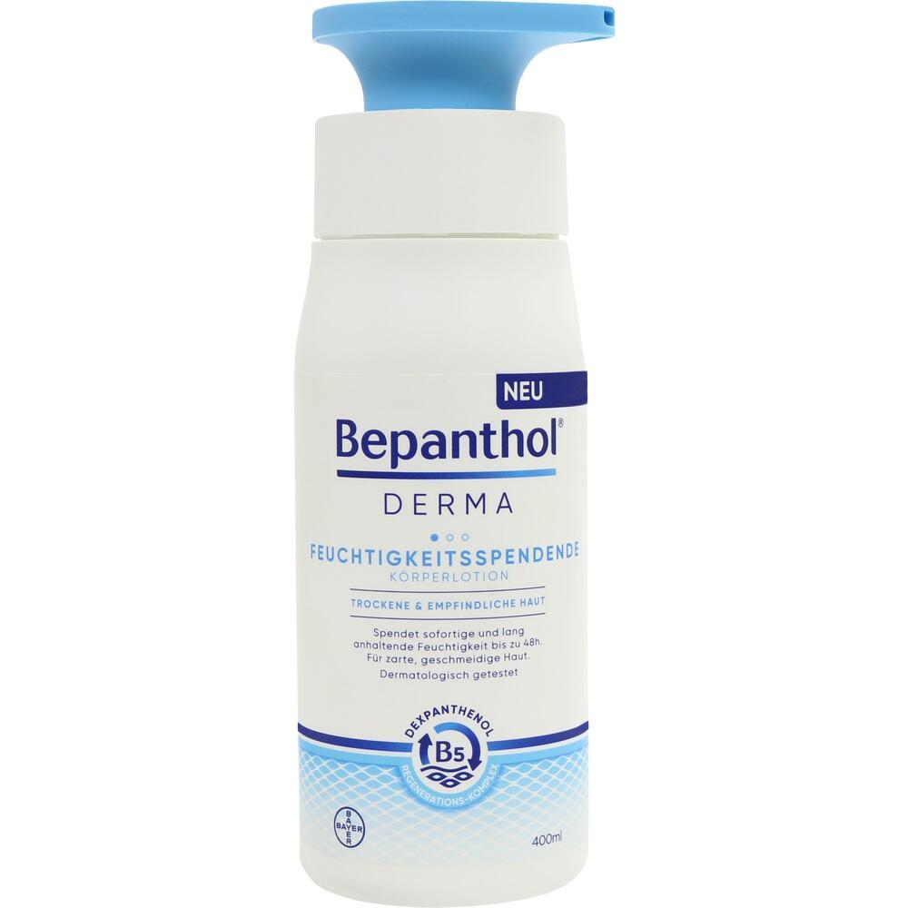Wei&szlig;e Flasche mit blauer Pumpe und der Aufschrift "Bepanthol Derma K&ouml;rperlotion".