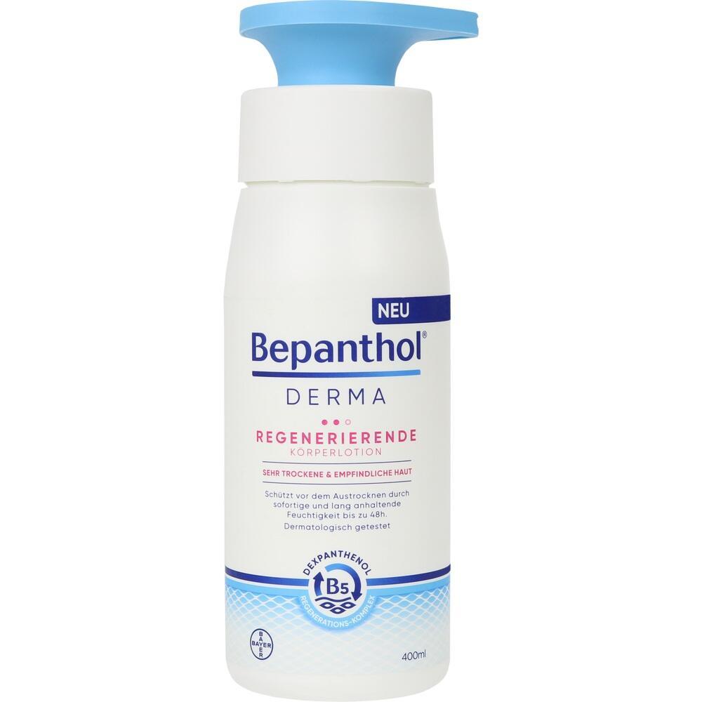 Eine Flasche Bepanthol Derma K&ouml;rperlotion mit blauem Spender und wei&szlig;em Etikett.