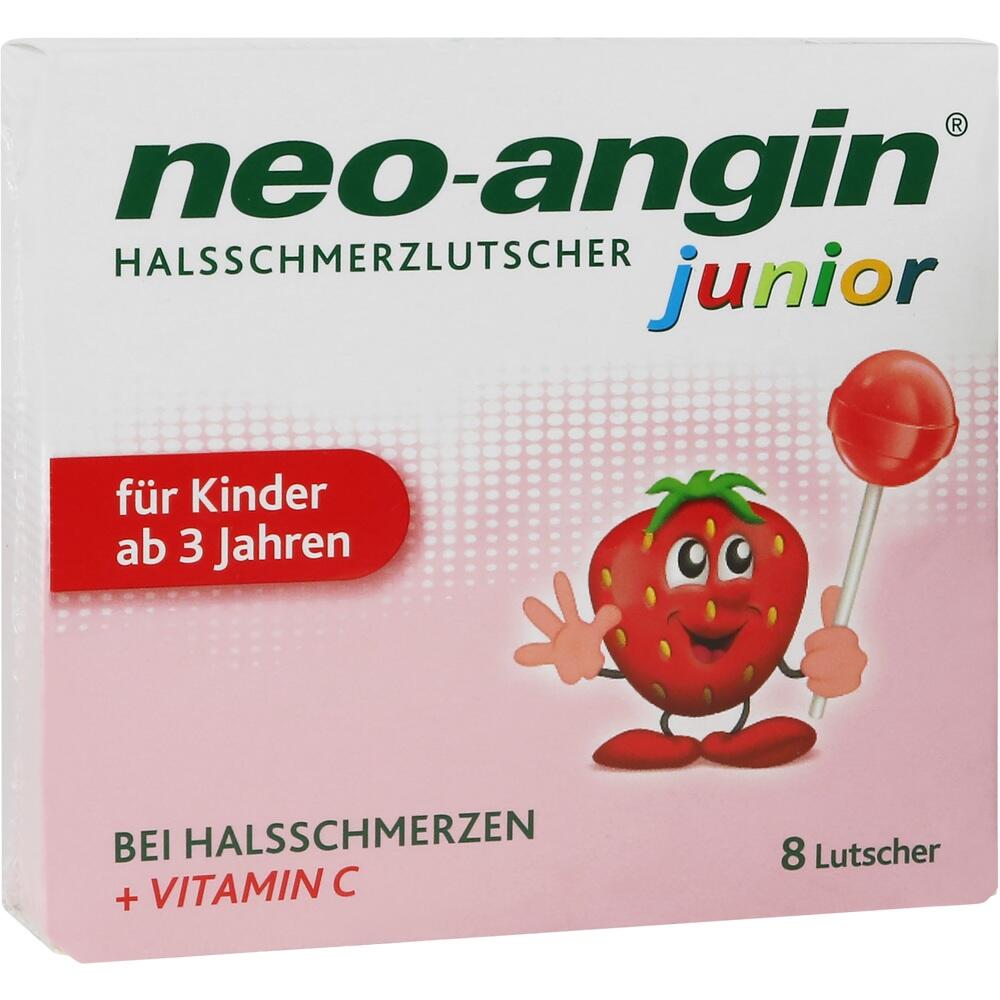 Die Packung zeigt neongr&uuml;ne Halsschmerz-Lutscher f&uuml;r Kinder ab 3 Jahren mit Erdbeerfigur.
