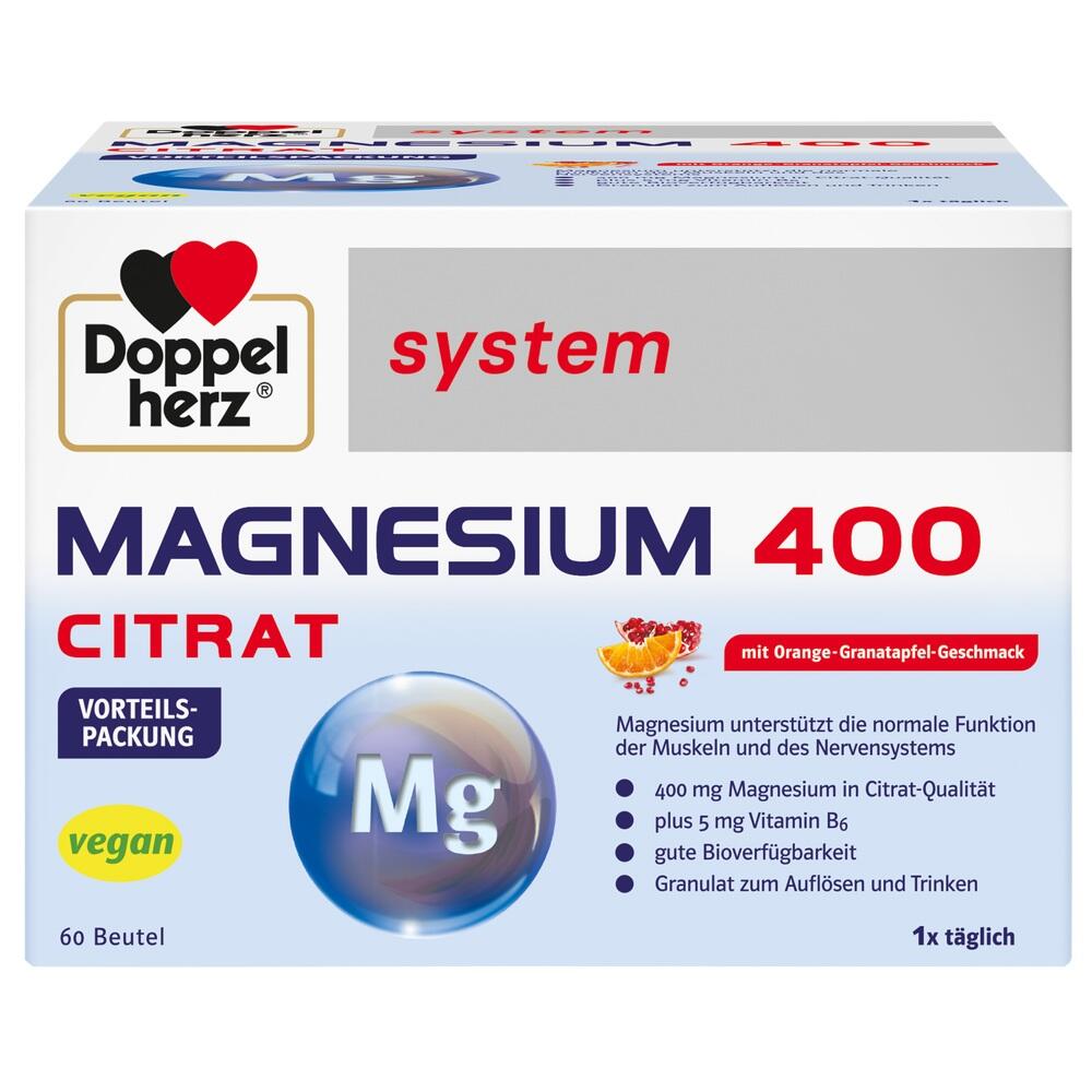 Die Verpackung zeigt ein Magnesium-Citrat-Produkt von Doppelherz mit Orangengeschmack.
