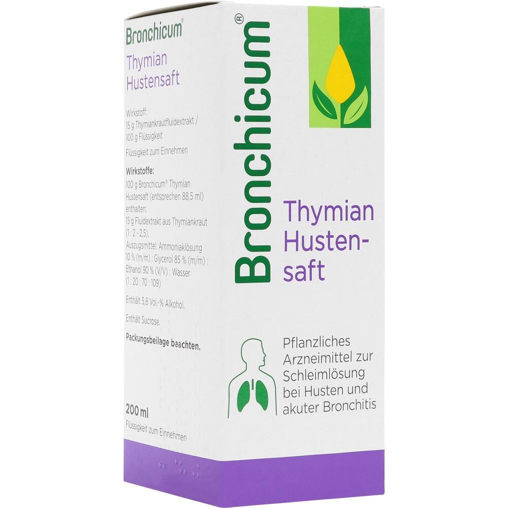 Wei&szlig;e Verpackung mit Aufschrift "Bronchicum Thymian Hustensaft" f&uuml;r Husten und Bronchitis.