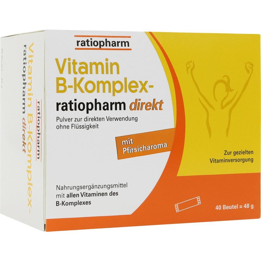 Wei&szlig;e Packung von Vitamin B-Komplex ratiopharm mit Pfirsichgeschmack.