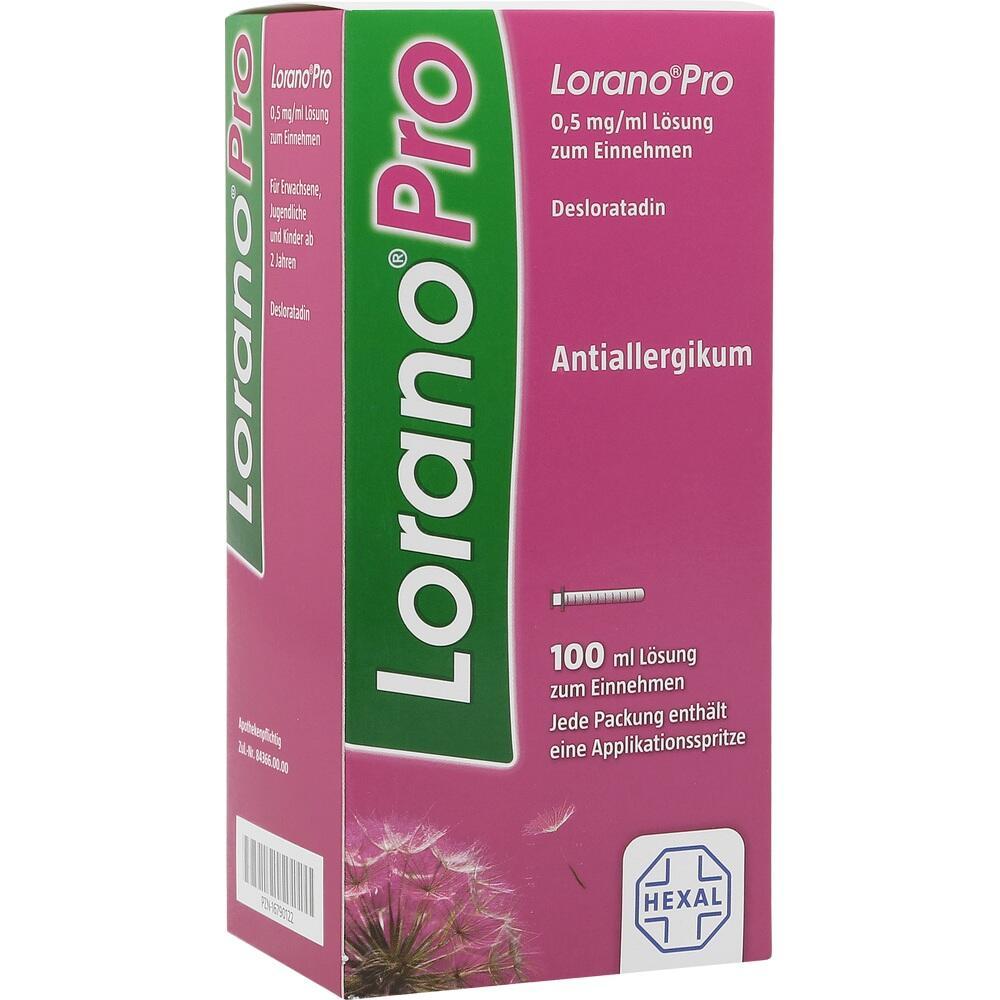 Pinkfarbene Verpackung mit der Aufschrift "LoranoPro", einem Anti-Allergie-Mittel.
