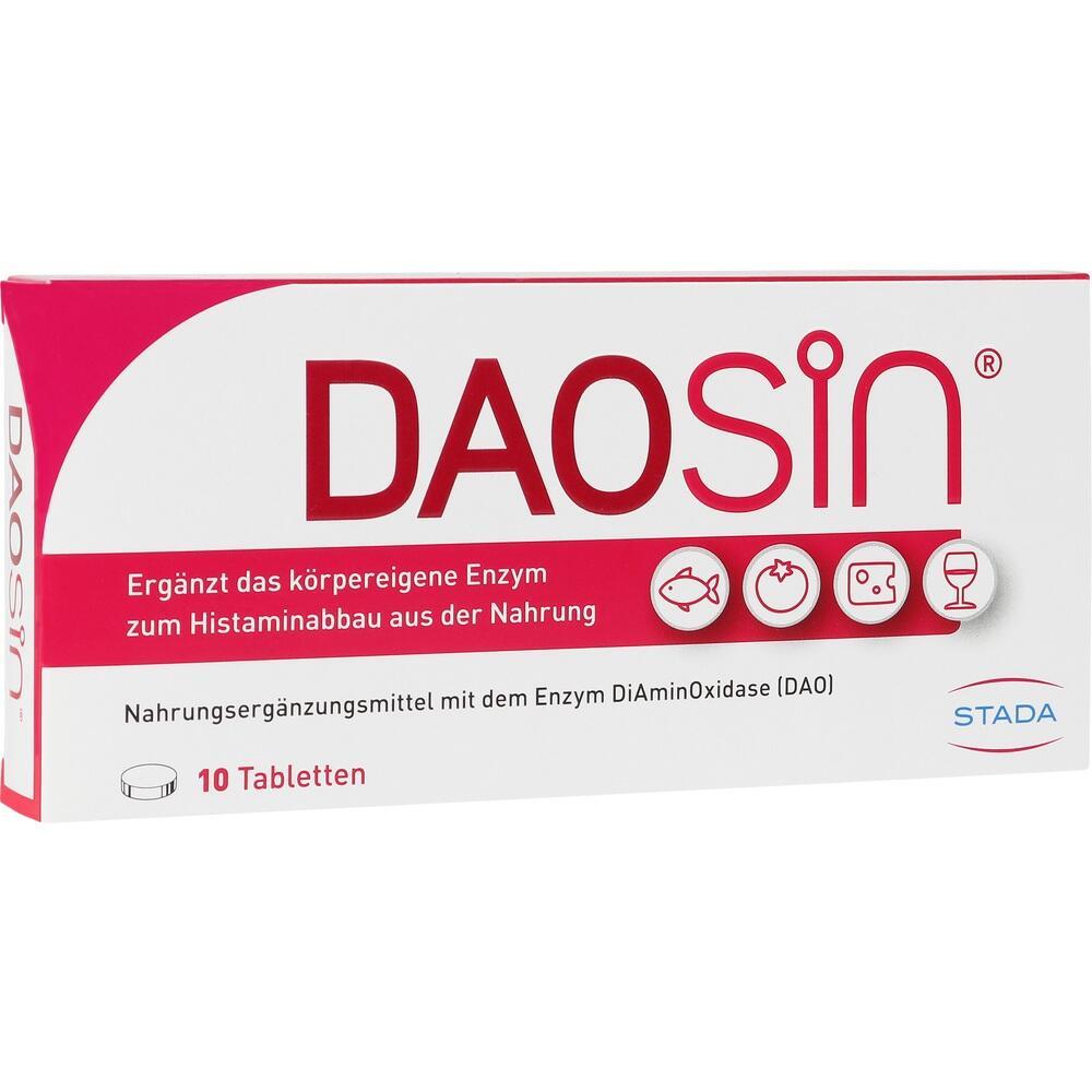 Eine Packung Tabletten mit Aufschrift "DAOsin" und Symbolen f&uuml;r Fisch, Tomate, K&auml;se, Wein.