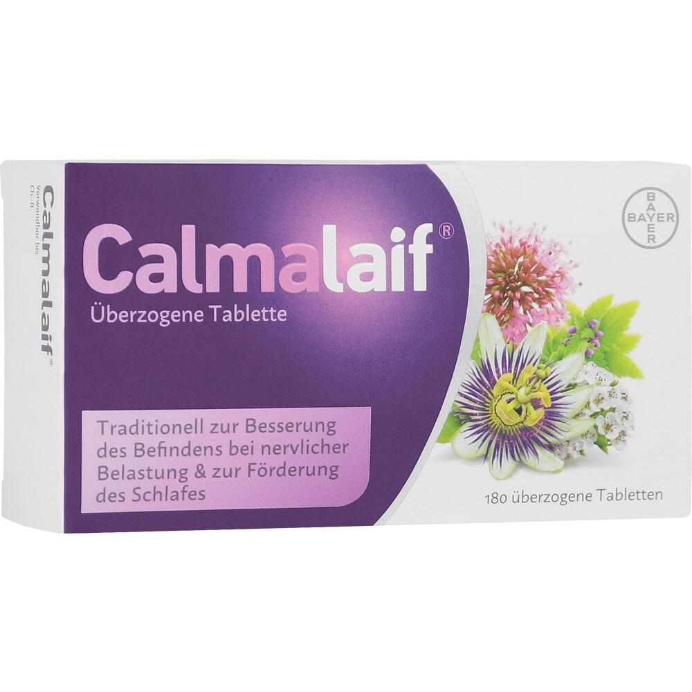 Packung mit "Calmalaif"-Tabletten zur Beruhigung und Schlaf&shy;f&ouml;rderung, abgebildet mit Pflanzen.