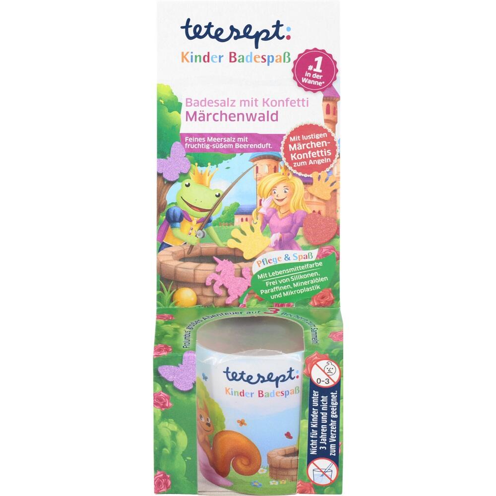 Verpackung von Kinder-Badesalz mit M&auml;rchenfiguren und buntem Konfetti.