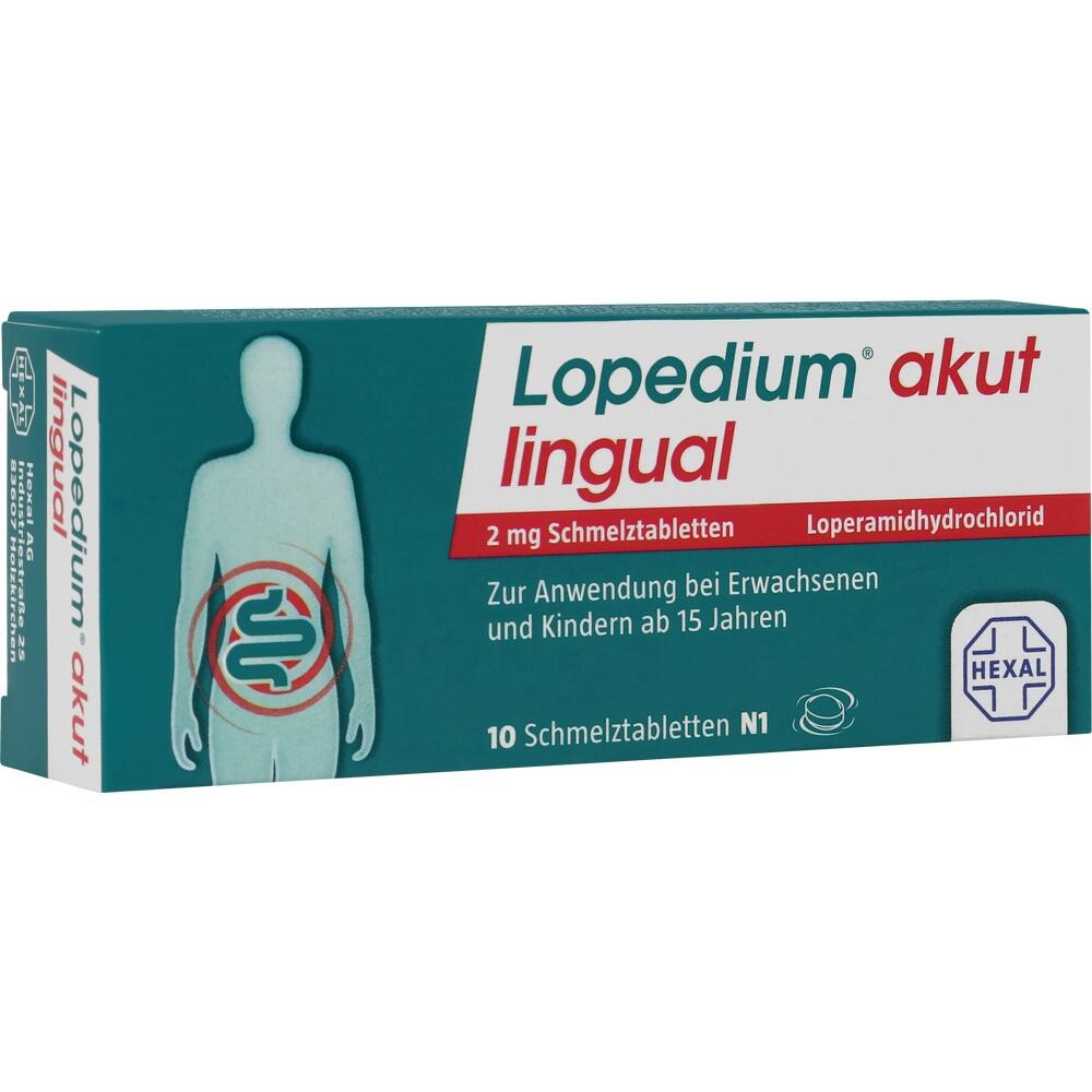 Verpackung von Lopedium akut lingual Tabletten gegen Durchfall f&uuml;r Menschen ab 15 Jahren.