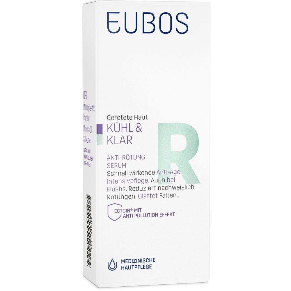 Ein weißer Karton mit der Aufschrift "EUBOS Anti-Rötung Serum".
