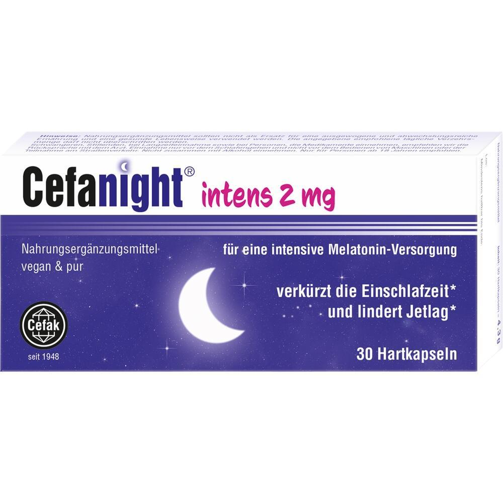 Packung von Cefanight Melatonin-Kapseln zur Unterst&uuml;tzung des Schlafs und Jetlag-Linderung.