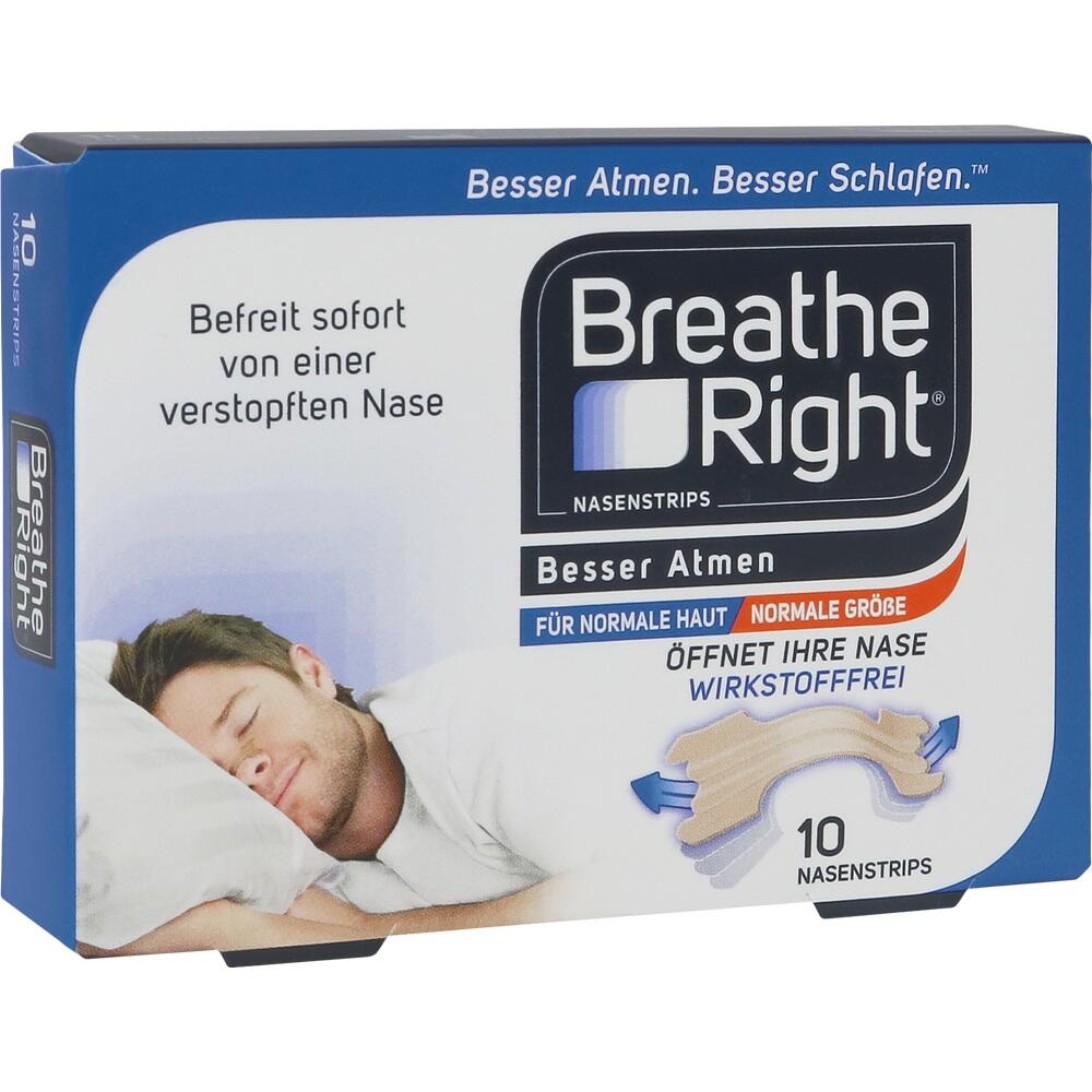 Verpackung von Breathe Right Nasenstrips mit schlafender Person und Informationen.