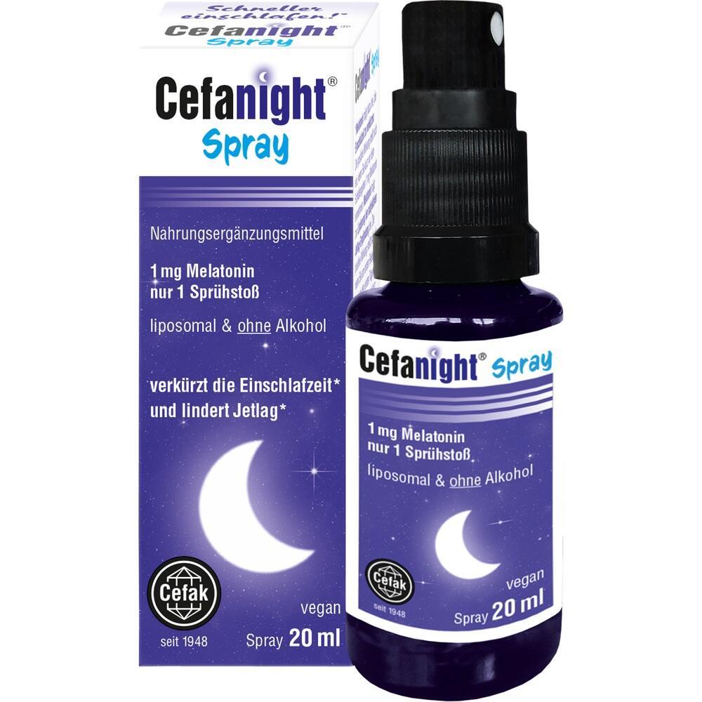 Eine lila Flasche und Verpackung eines Melatonin-Sprays zur Schlafunterst&uuml;tzung.