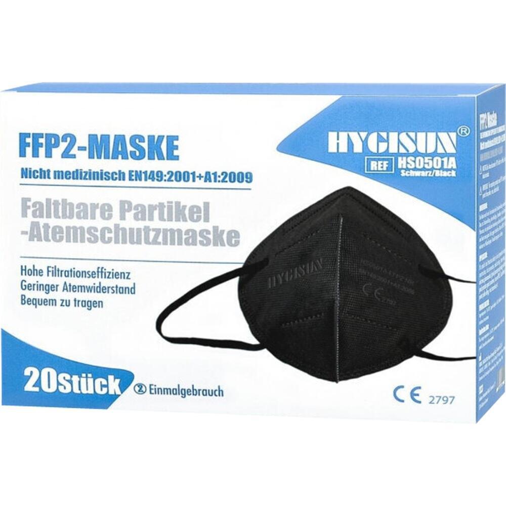 Eine Verpackung mit 20 schwarzen FFP2-Masken.