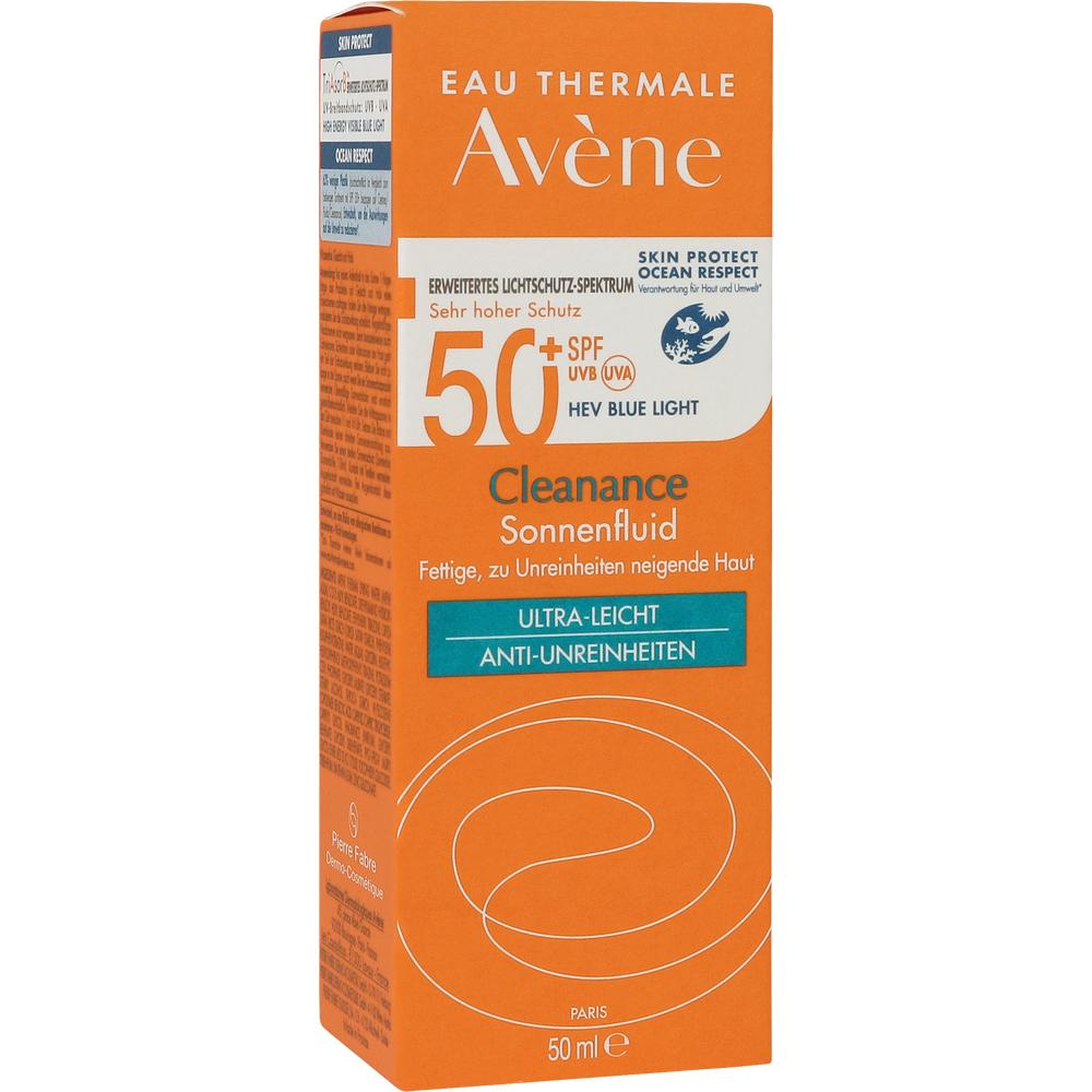 Eine orangefarbene Sonnencreme-Verpackung mit LSF 50 f&uuml;r unreine Haut.
