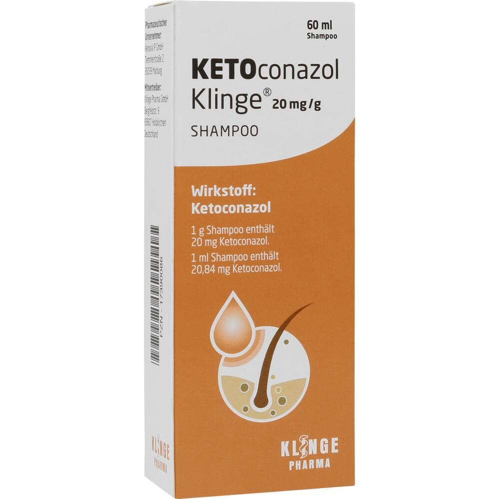 Orange-wei&szlig;e Shampoo-Verpackung mit Ketoconazol als Wirkstoff.
