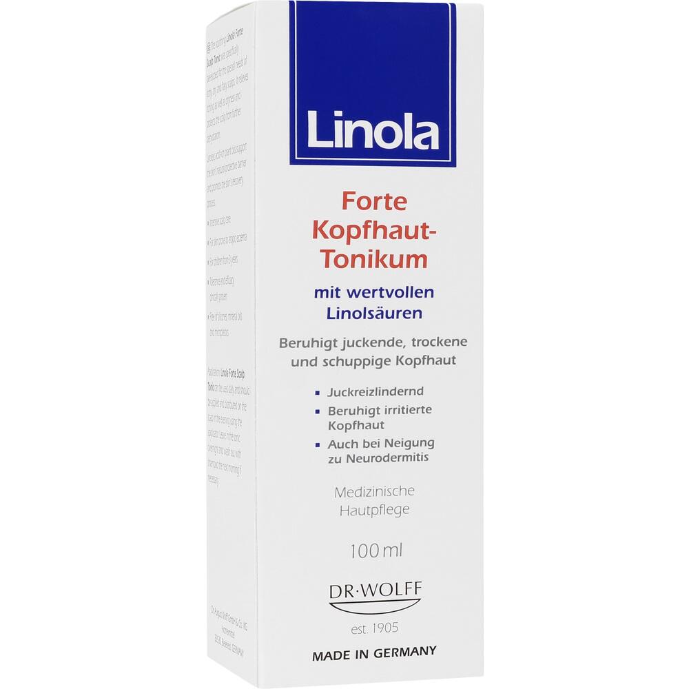 Eine Packung Linola Forte Kopfhaut-Tonikum f&uuml;r juckende und trockene Kopfhaut.