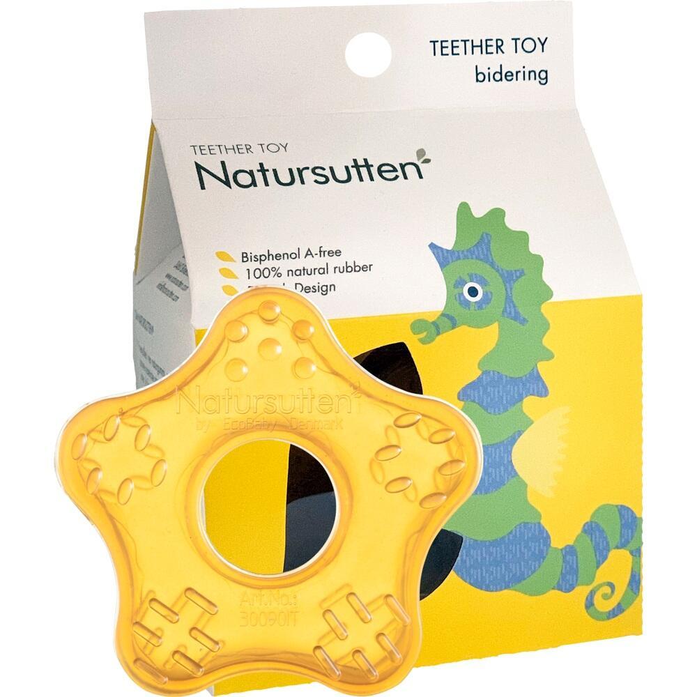 Gelbes Beißspielzeug in Sternform vor einer Verpackung mit einem Seepferdchen.