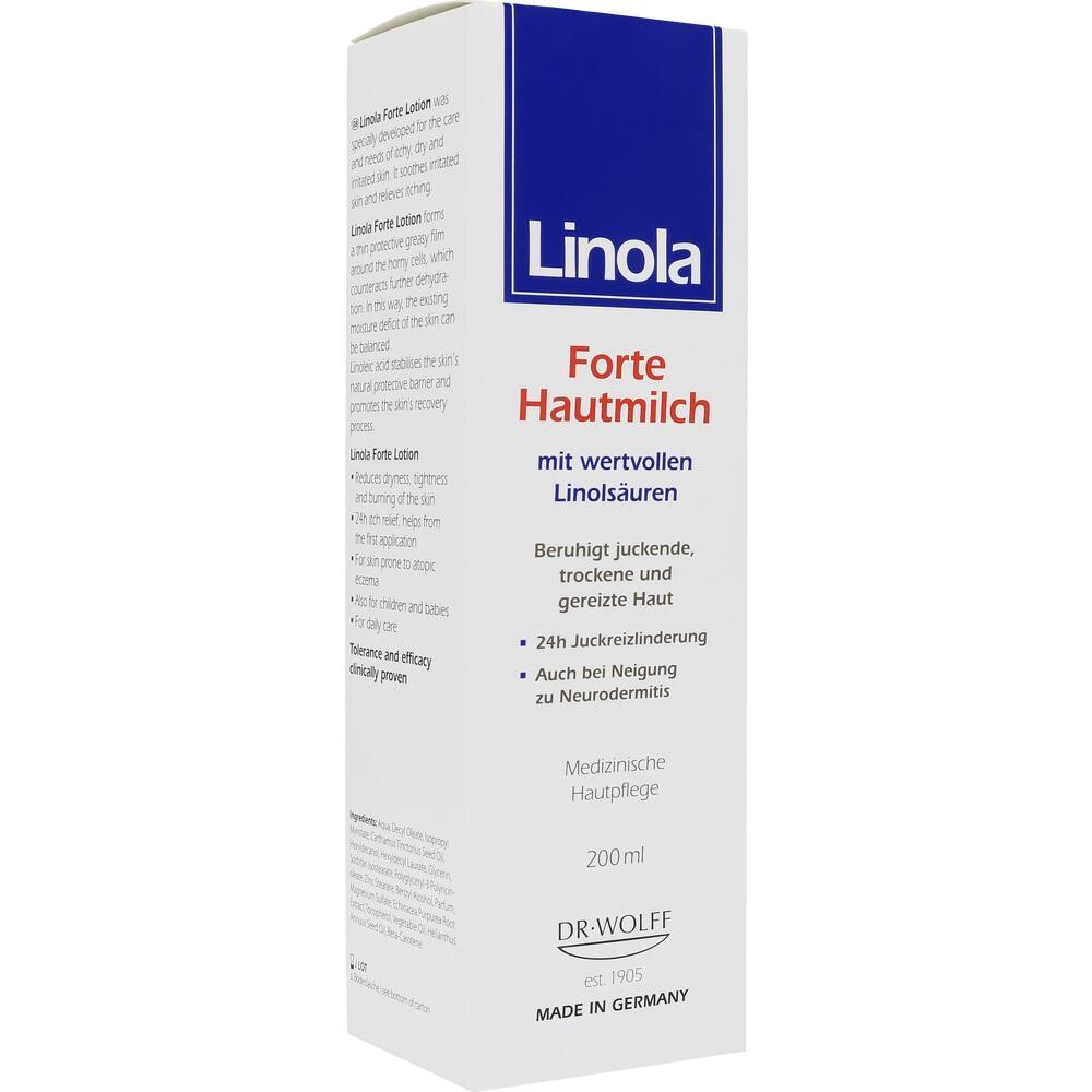 Eine Packung Linola Forte Hautmilch gegen trockene und juckende Haut.