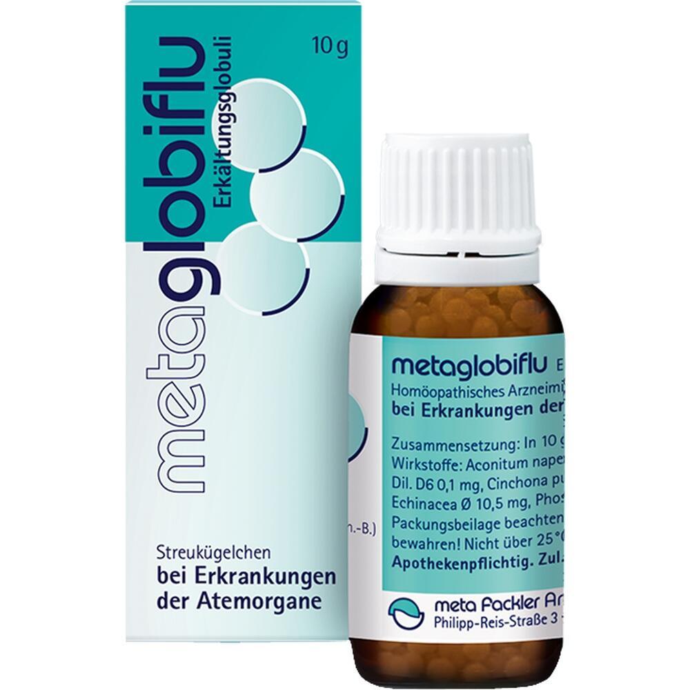 Eine Packung und ein Fl&auml;schchen mit Erk&auml;ltungsglobuli von Metaglobiflu.