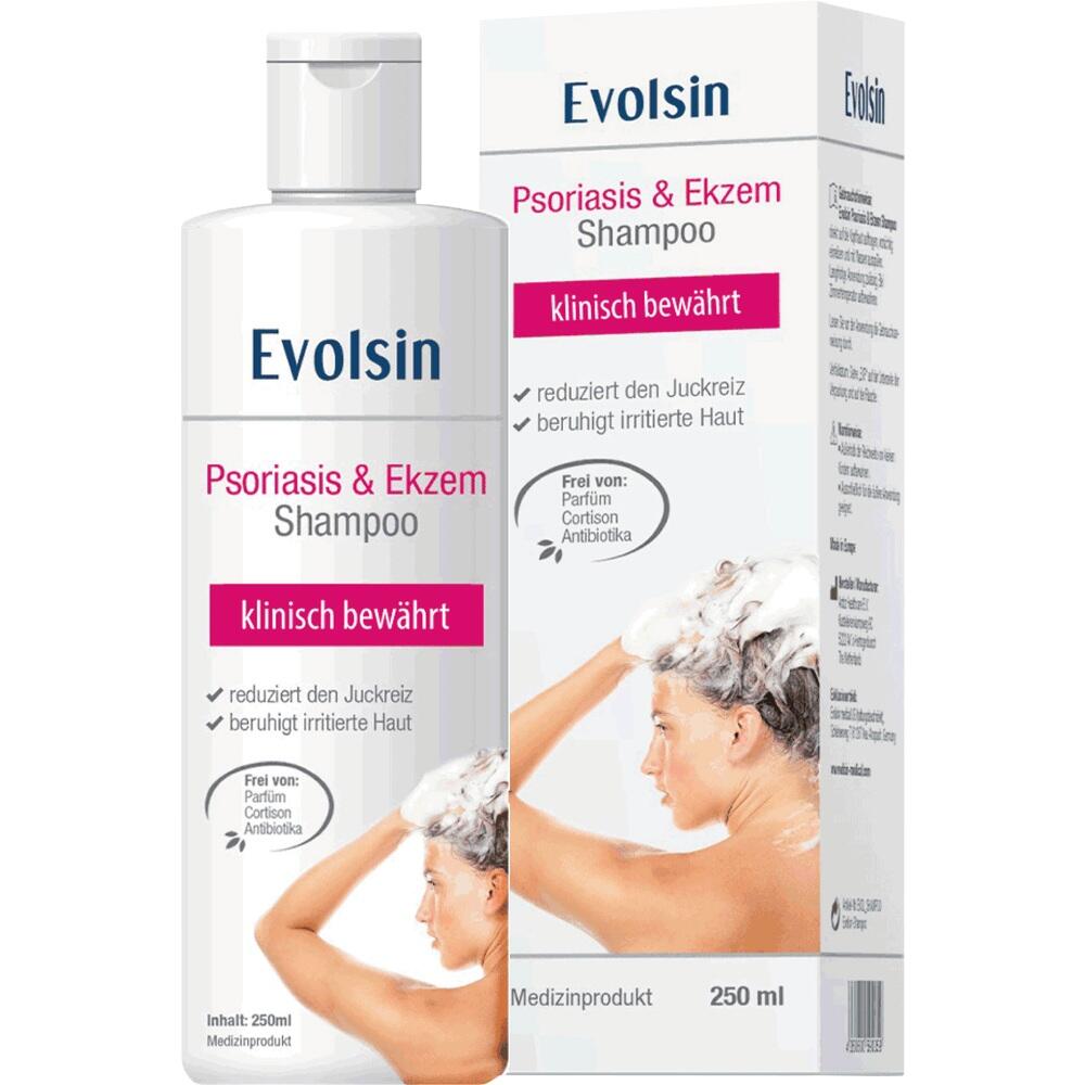 Eine Flasche und Packung Evolsin Shampoo f&uuml;r Psoriasis und Ekzem.