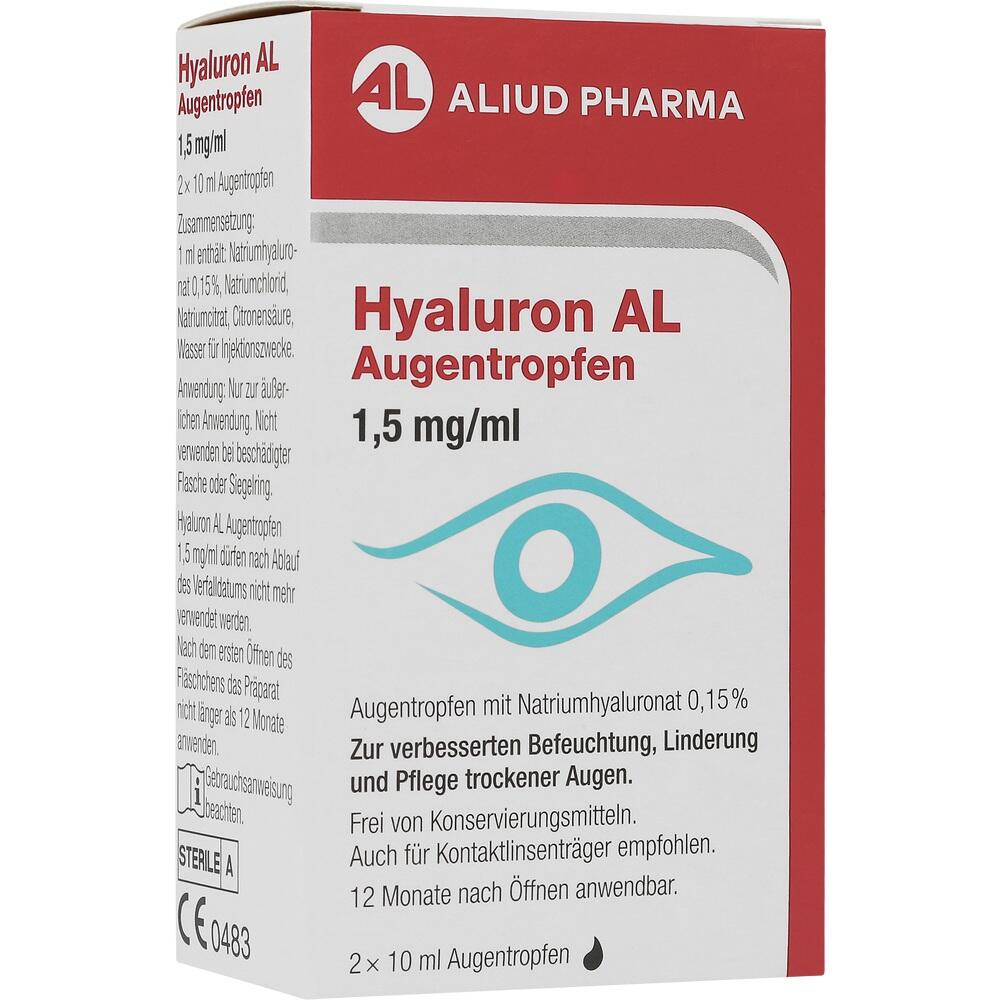 Hyaluron AL Augentropfen-Packung mit rotem und wei&szlig;em Design auf der Vorderseite.