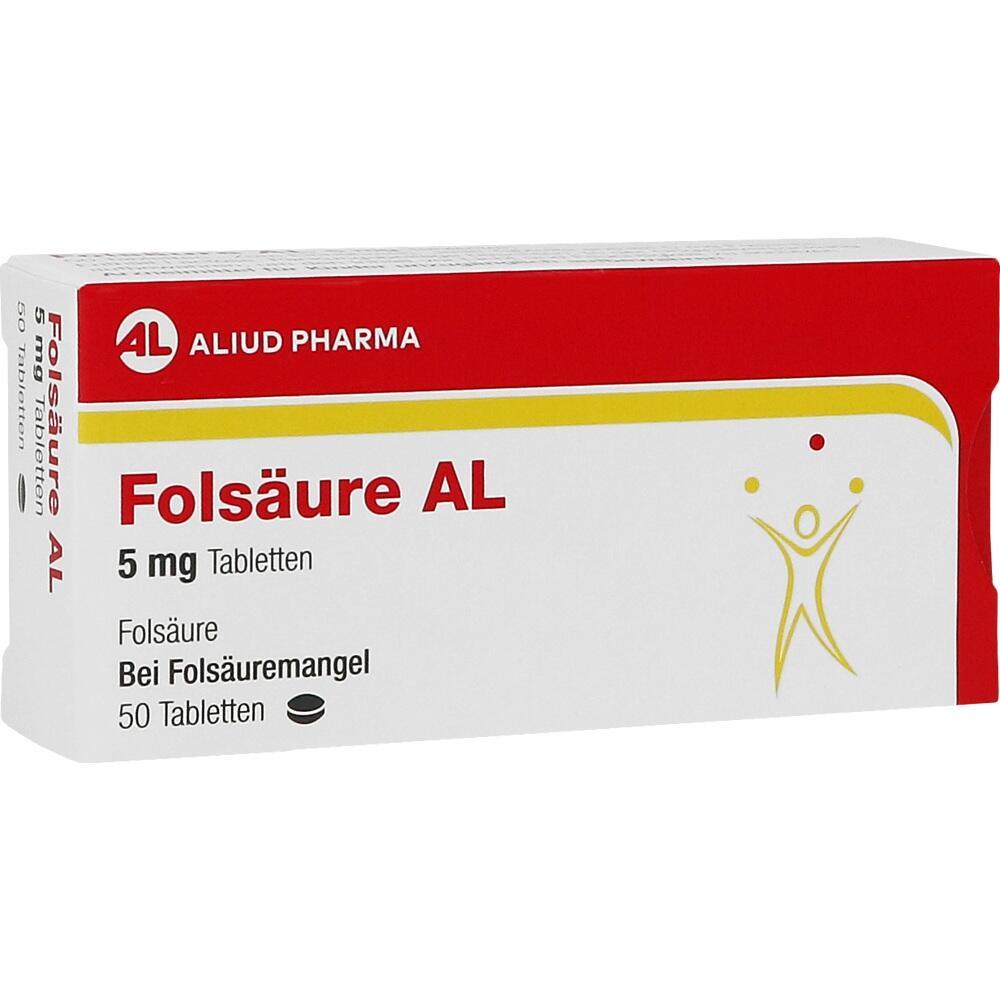 Wei&szlig;e Tablettenverpackung mit rotem und gelbem Text: Fols&auml;ure AL 5 mg, f&uuml;r Fols&auml;uremangel.