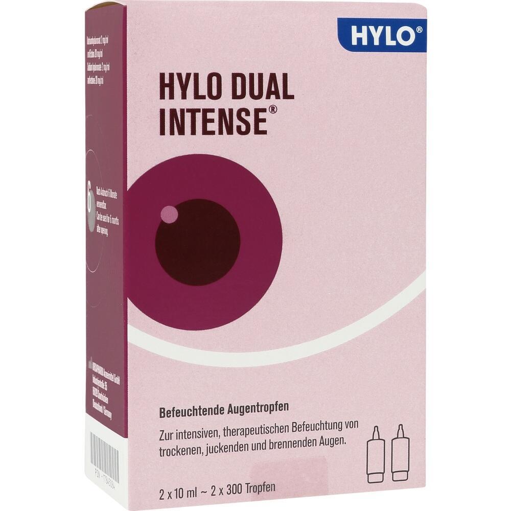Eine Packung Hylo Dual Intense Augentropfen gegen trockene und brennende Augen.