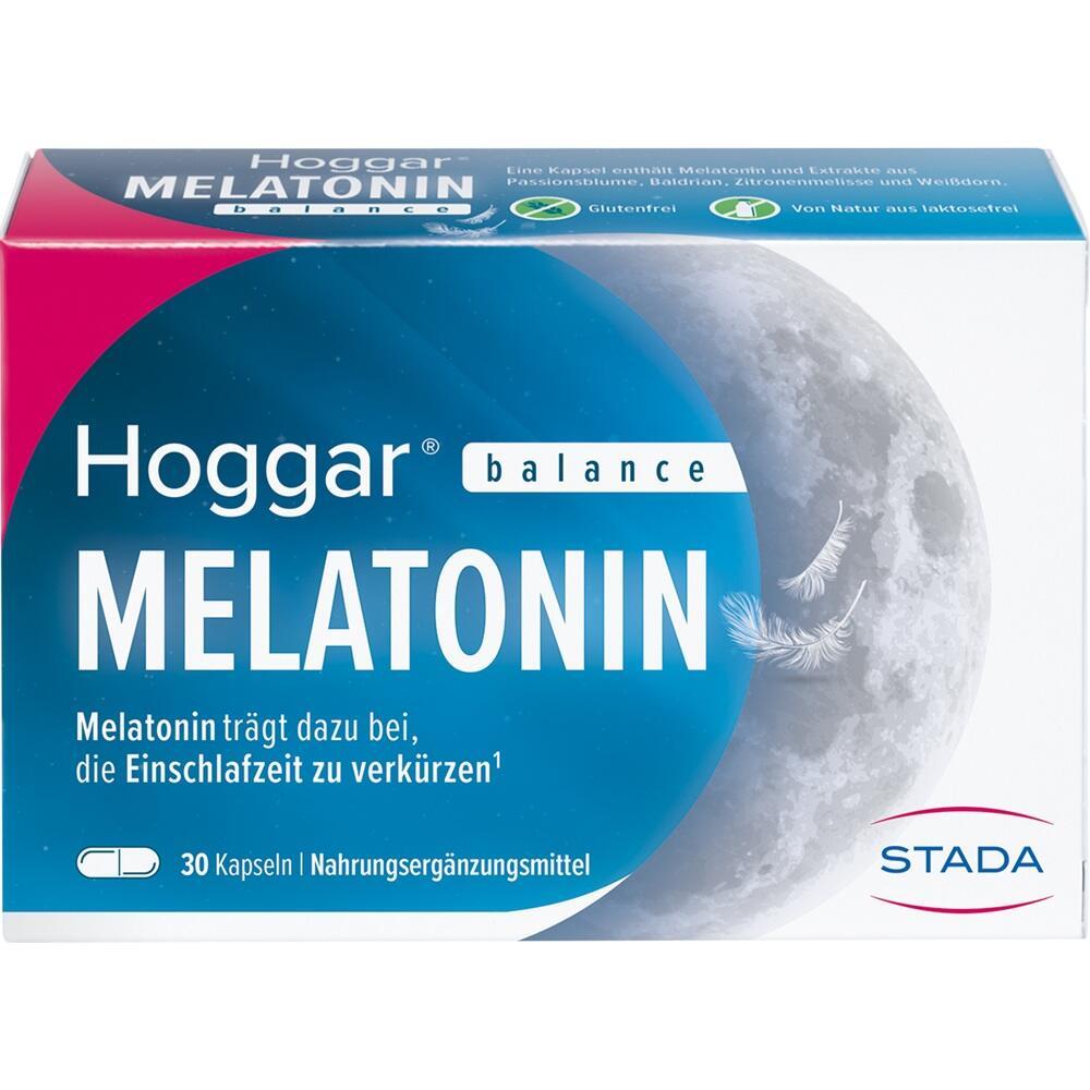 Verpackung von Hoggar Melatonin mit Mond und Federn, 30 Kapseln zur Schlafunterst&uuml;tzung.