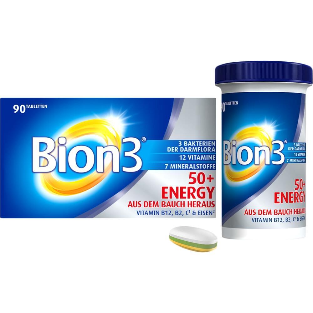 Eine Packung und ein Beh&auml;lter mit Bion3 Energy 50+ Tabletten.
