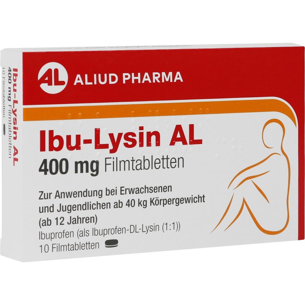 Schachtel mit Ibu-Lysin AL 400 mg Filmtabletten gegen Schmerzen.