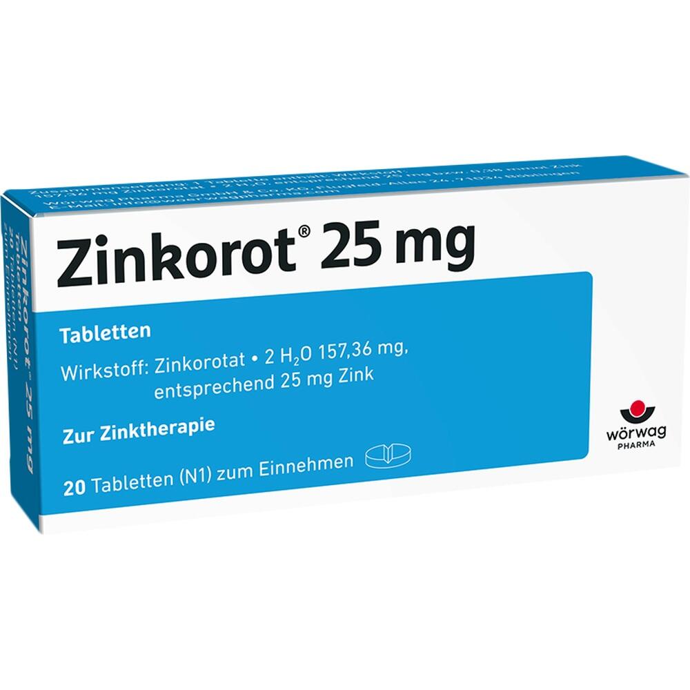 Blau-wei&szlig;e Verpackung von Zinkorot 25 mg Tabletten.