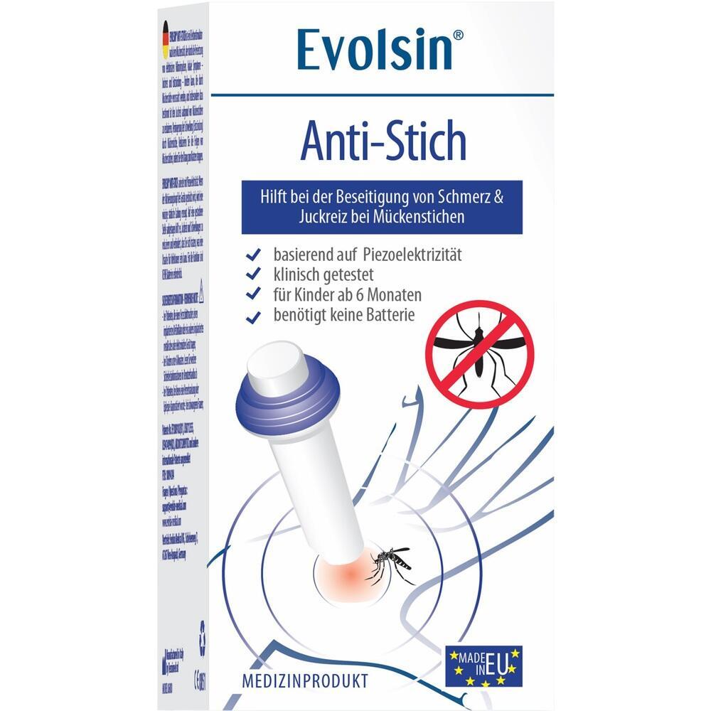 Wei&szlig;e Verpackung eines Anti-M&uuml;ckenstich-Produkts mit einem Ger&auml;t und M&uuml;cken-Symbol.