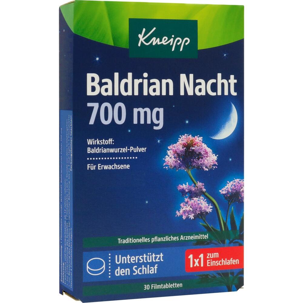 Packung Baldrian-Schlaftabletten mit Blumen und Mond auf blauem Hintergrund.