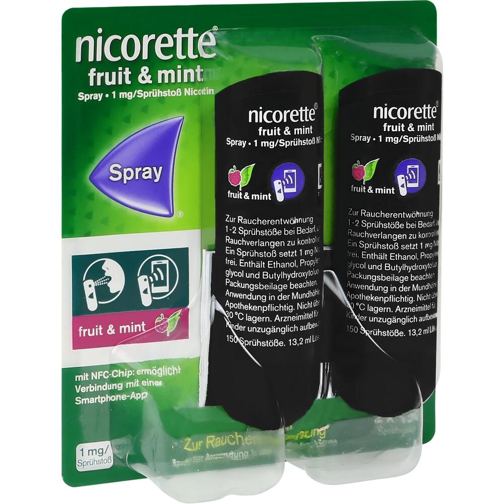 Zwei Nicorette-Sprays mit Frucht- und Minzgeschmack zur Raucherentw&ouml;hnung.