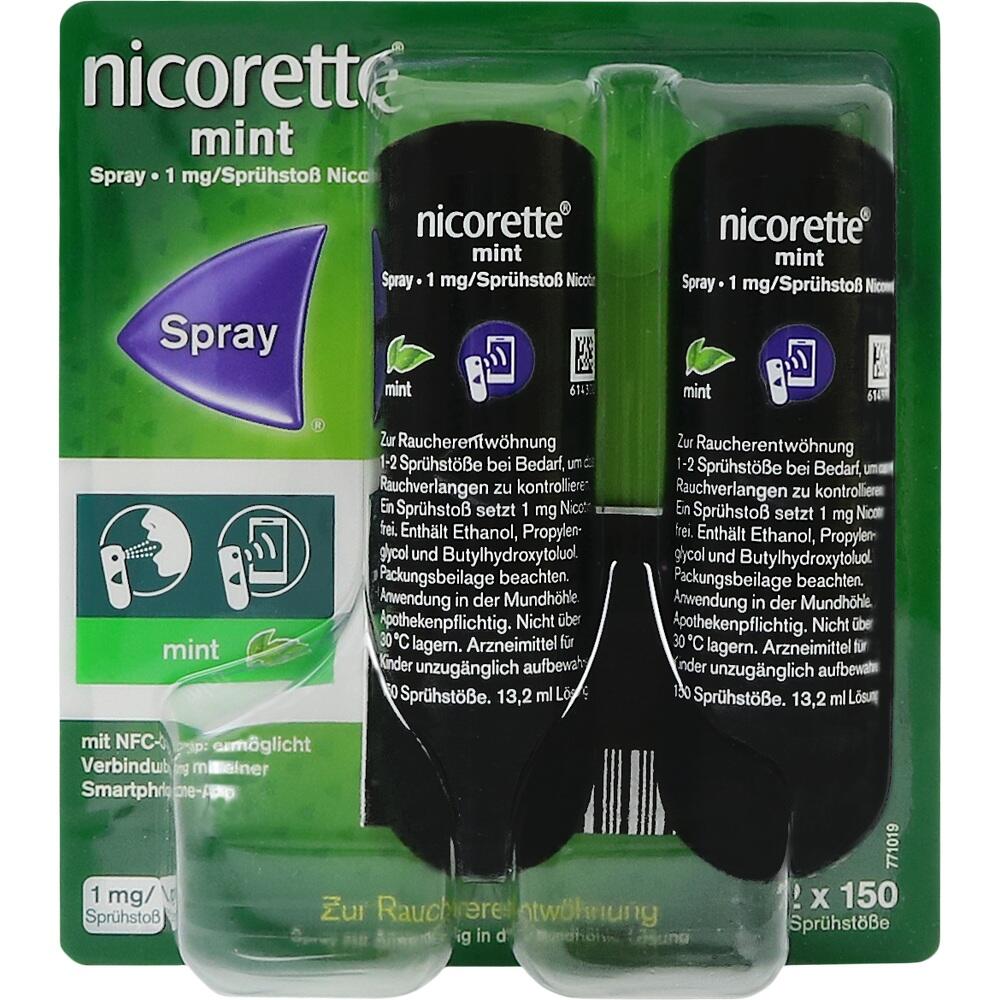 Zwei Fl&auml;schchen Nicorette Mint Spray zur Raucherentw&ouml;hnung in einer Verpackung.