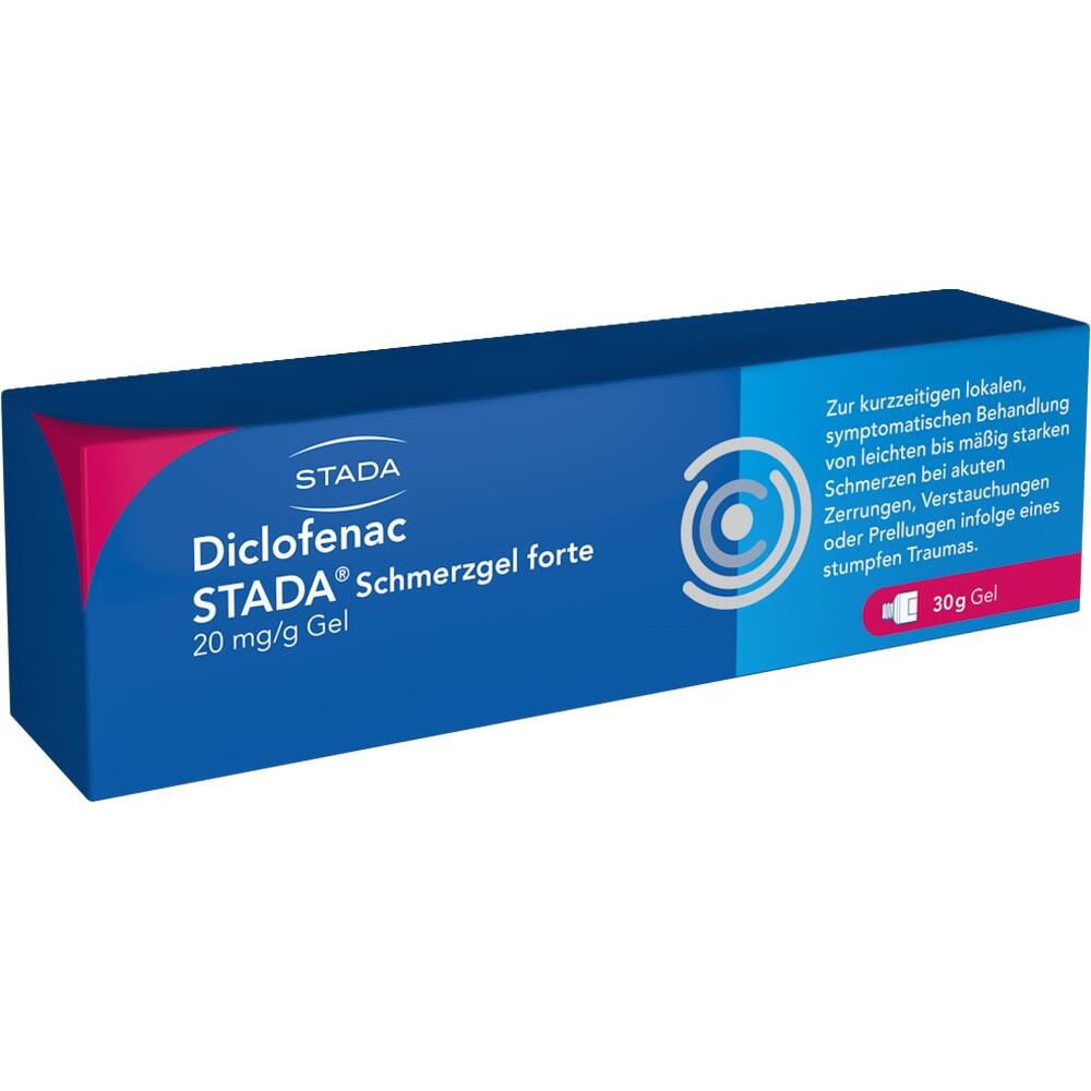 Blaue Verpackung eines Schmerzgels mit der Aufschrift "Diclofenac STADA".
